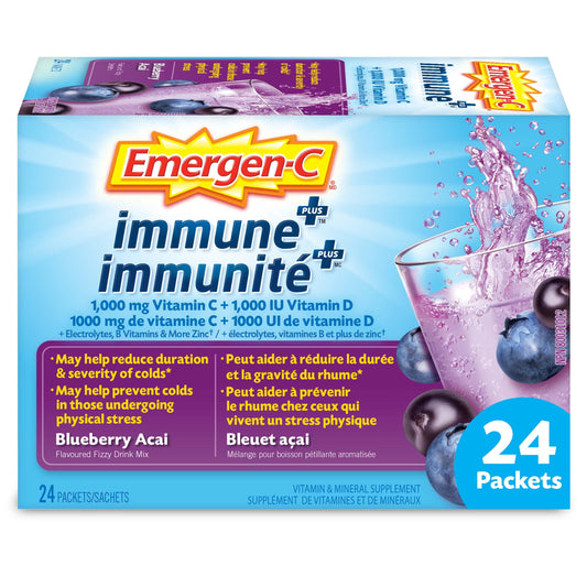Emergen-C Immune+ 1000mg Vitamin C Powder Supplement, Drink Mix, Immune System Booster, Blueberry Acai, 24 Packets