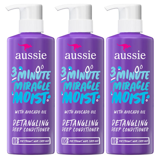 Aussie 3 Minute Miracle Moist Detangling Deep Conditioner Treatment with Avocado Oil, 475 mL each, 3 Pack, Paraben and Sulfate Free