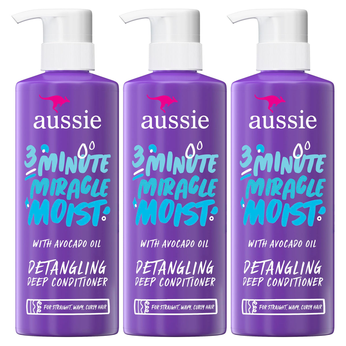 Aussie 3 Minute Miracle Moist Detangling Deep Conditioner Treatment with Avocado Oil, Paraben and Sulfate Free, 1.42 L in Total (3 Count of 475 mL Each)