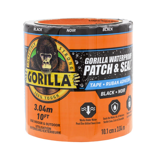 Gorilla Waterproof Patch & Seal Tape, Heavy-Duty, Instantly Seals, Works Underwater, Indoor/Outdoor, Flexible Permanent Bond, 4 in x 10 ft, Black, 1 Pack