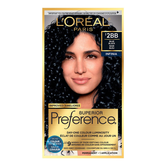 L'Oreal Paris Superior Preference Hair Dye, Hair Color for Women, 2BB Blue Black Hair Dye, Permanent Hair Color, 100% Grey Coverage, 9 weeks of Luminous Fade-Defying, 1 Hair Dye Kit (Packaging May Vary)