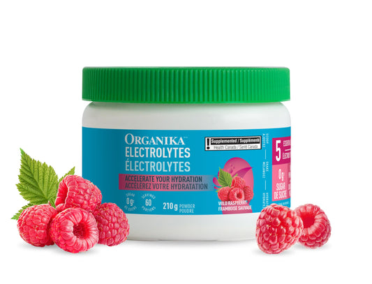 Organika Canadian-Made Electrolytes Powder- Wild Raspberry- Sugar-Free Hydration and Electrolyte Replenishment with Prebiotics and Vitamin C- 210g - 60 servings