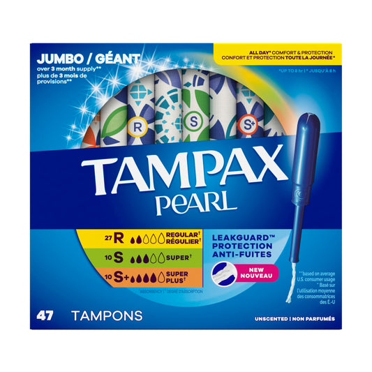 Tampax Pearl Tampons Multipack, with LeakGuard Braid, Regular/Super/Super Plus Absorbency, Up to 100% Leak and Odor Free Protection, Unscented, 47 Count