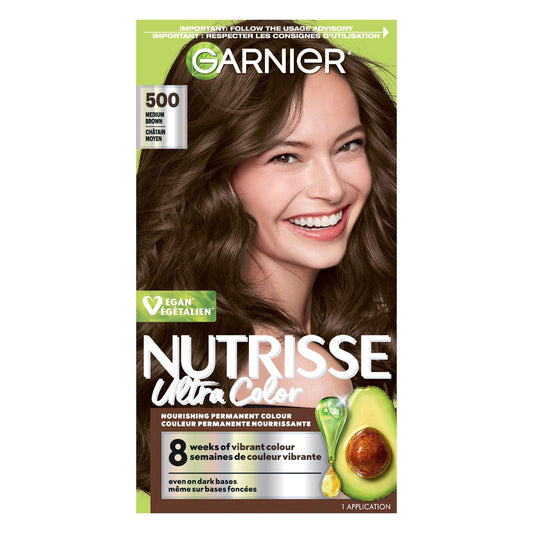 Garnier Nutrisse Ultra Color, Permanent Dye, Vibrant Long-Lasting, Vegan Formula, Nourished, Protects Against Dryness, 500 Medium Brown, 1 Application, Packaging May Vary