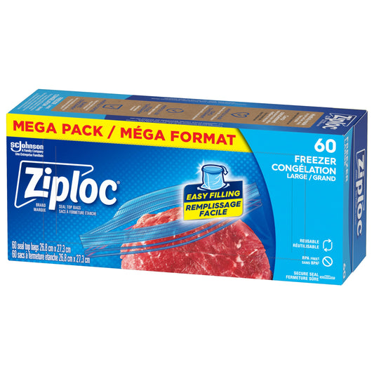 Ziploc Large Food Storage Freezer Bags, Grip 'n Seal Technology for Easier Grip, Open and Close, 60 Count