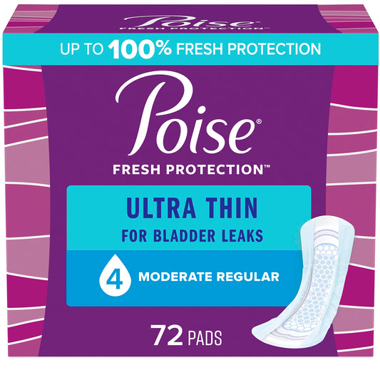 Poise Ultra Thin Incontinence Pads & Postpartum Incontinence Pads, 4 Drop Moderate Absorbency, Regular Length, 72 Count (4 Packs of 18)