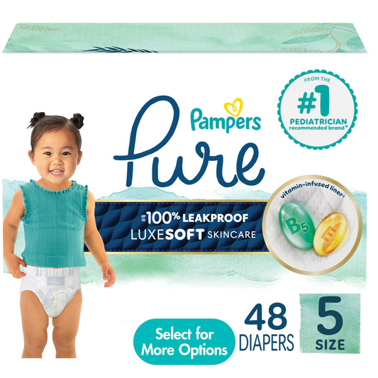 Pampers Pure Baby Diapers, Size 5, Up to 100% Leakproof, Premium Hypoallergenic Soft Diapers, 1 Pack (Count of 48)