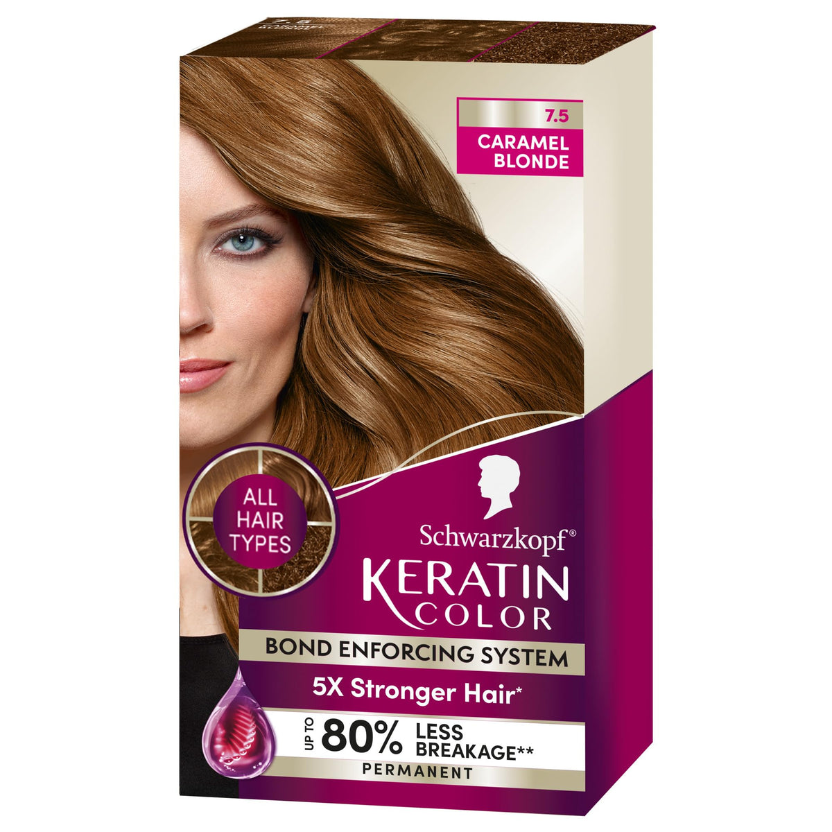 Schwarzkopf Keratin Color Permanent Hair Color Cream, 7.5 Caramel Blonde, 1 Count