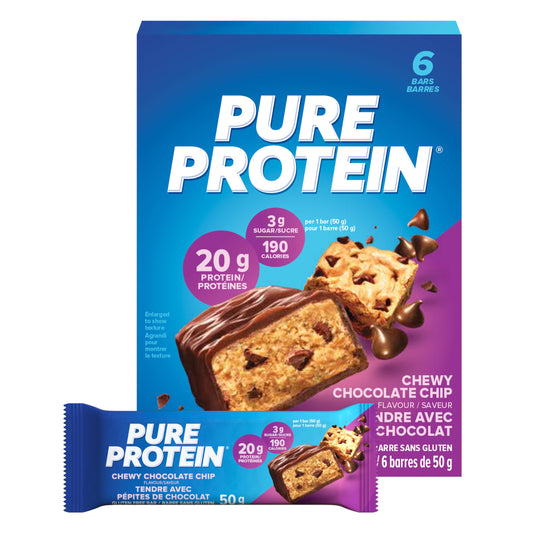 Pure Protein Bars - Nutritious, Gluten Free bar, made with Whey protein blend - low sugar, protein snack. Deliciously satisfying. Made in Canada, Chewy Chocolate Chip (Pack of 6)