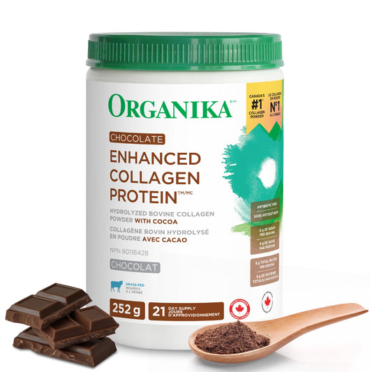 Organika Chocolate Enhanced Collagen Powder (Type 1 & 3) – 10g Per Serving for Hair, Skin, Nails & Joints – Canadian-Made, Grass-Fed, Non-GMO, 252g