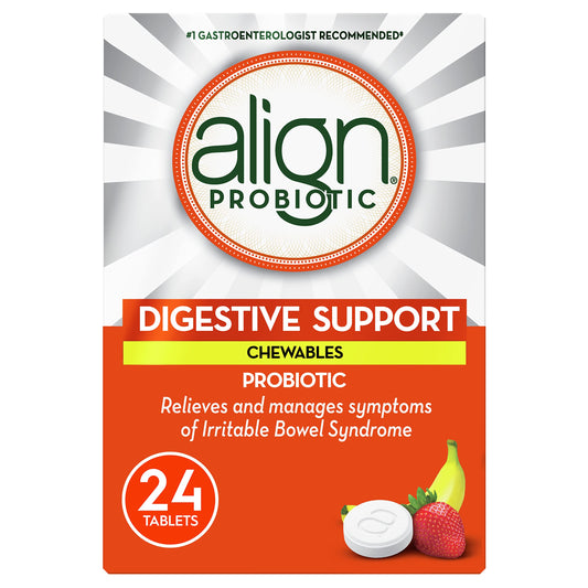Align Probiotic Digestive Support Chewables, IBS Symptom Relief: Gas, Abdominal Discomfort, Bloating, Helps Healthy Intestinal Flora for Women & Men, Strawberry Banana Flavoured, 24 Count