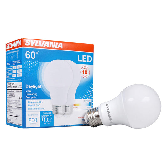 Sylvania LED Light Bulb, 60W Equivalent A19, Efficient 8.5W, Medium Base, Frosted Finish, 800 Lumens, Daylight - 2 Count (Pack of 1) (79282)