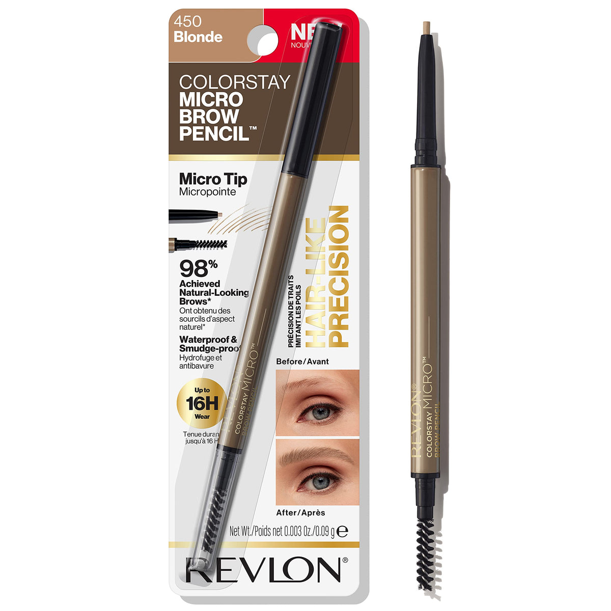 Revlon ColorStay Micro Eyebrow Pencil with Built In Spoolie Brush, Infused with Argan and Marula Oil, Waterproof, Smudgeproof, 450 Blonde (Pack of 1)