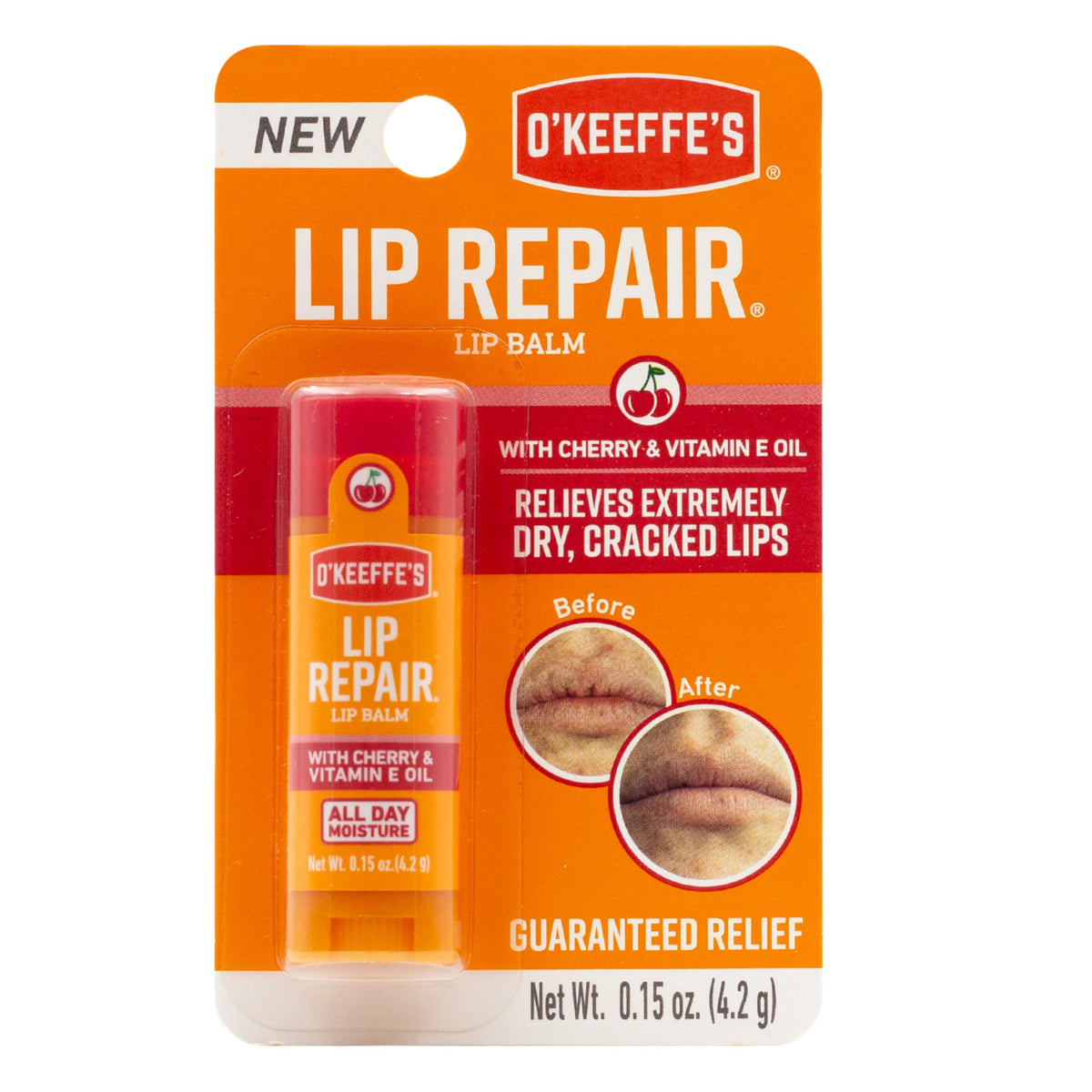 O'Keeffe's Lip Repair Chapstick Stick, Cherry & Vitamin E Oil Lip Balm for Dry Cracked Lips, Guaranteed Relief & All-Day Moisture in 1 Use, Lip Chap, 8 Moisturizing Ingredients, 1 Pack