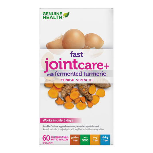 Genuine Health Fast Joint Care Pain Relief+ with Fermented Turmeric, 60 vegetarian capsules, BiovaFlex® Natural Eggshell Membrane and Turmeric, Natural joint pain and inflammation relief in only 5 days, Dairy, soy & gluten-free