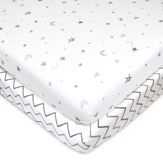 American Baby Company 2 Pack Printed 100% Natural Cotton Jersey Knit Fitted Portable/Mini-Crib Sheet, Grey Stars and Zigzag, Soft Breathable, for Boys and Girls