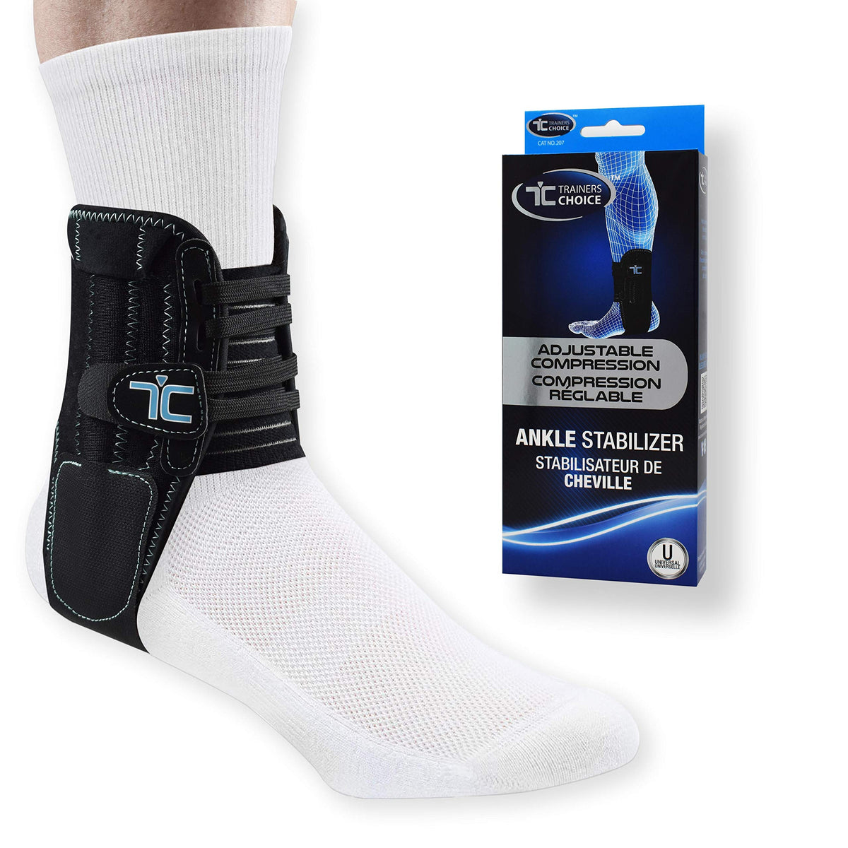 Trainers Choice Ankle Stabilizer Brace - Adjustable Ankle Brace with Ankle Support for Men & Women, Assisting Strains, Sprained Ankle, Tendonitis, Arthritis and Soft Tissue Injuries One Size Fits Most