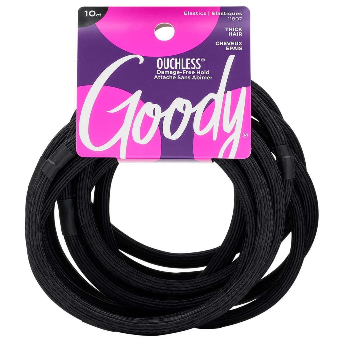 GOODY Ouchless Xtra Long Extra Thick Elastics, 10Ct, Black