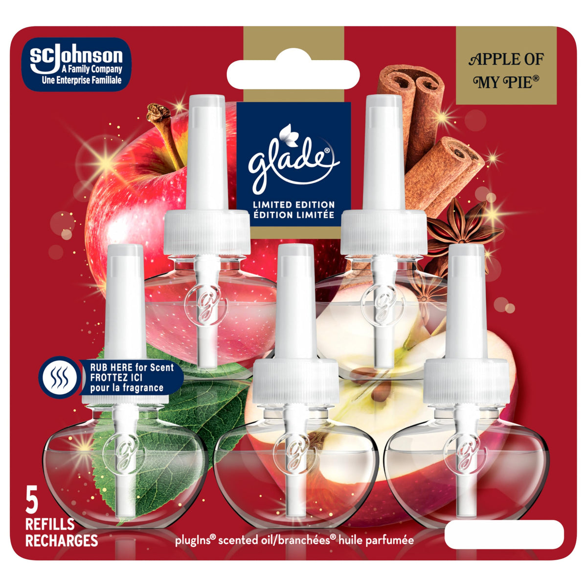 Glade Apple of my Pie™ Holiday PlugIns Air Freshener Oil Refill, Fall Scented and Essential Oils for Bathroom and Home Fragrance, 5 Refills (Packaging May Vary)