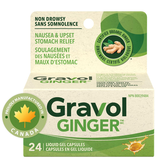Gravol Ginger - Nausea and Upset Stomach Relief with Organic Ginger Extract - Made in Canada - Non-Drowsy, Taste-Free and Easy to Swallow - 24 Liquid Gel Capsules (Pack of 1)