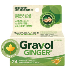 Gravol Ginger - Nausea and Upset Stomach Relief with Organic Ginger Extract - Made in Canada - Non-Drowsy, Taste-Free and Easy to Swallow - 24 Liquid Gel Capsules (Pack of 1)