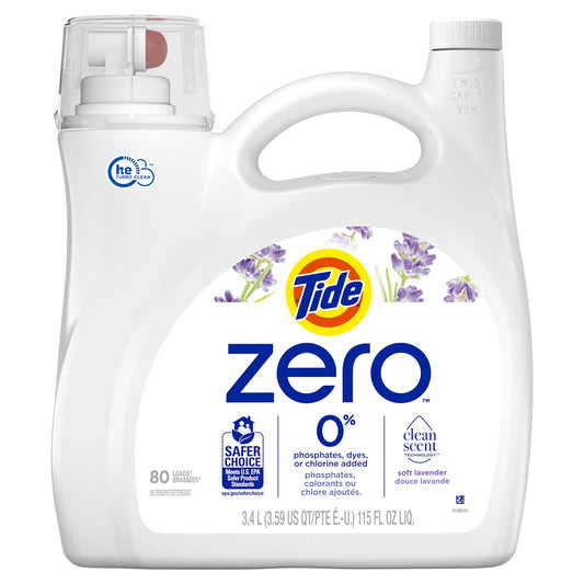 Tide Zero Liquid Laundry Detergent, Soft Lavender Scent, 80 Loads, Cleanscent Technology 3.4 Liter (Pack of 1)