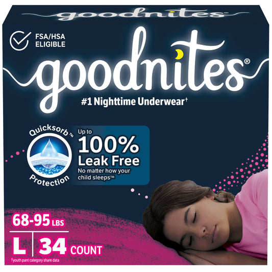 Huggies Goodnites Girls Bedwetting Night Time Underwear, Goodnites, L (68-95 lb.), 34 Ct