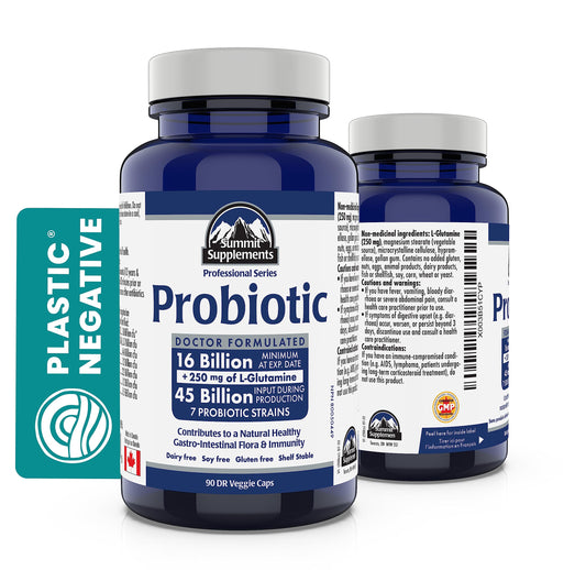 Probiotic Supplement 45 Billion CFU, 90 DR Veggie Caps with 250 mg L-Glutamine 90-Day Supply, 7 Strains for Gut Health and IBS Relief - Dairy, Soy & Gluten-Free, Proudly Canadian, Plastic Negative