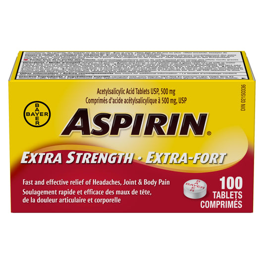 Aspirin Extra Strength, 500mg ASA, Fast and effective relief of Headaches, Joint and Body Pain, Fever, 100 Tablets