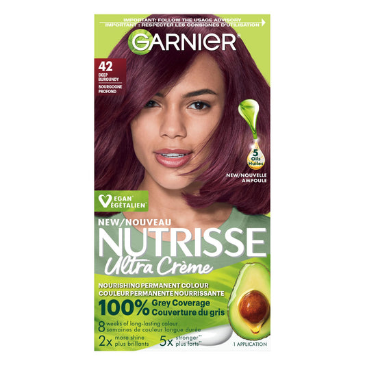 Garnier Nutrisse Ultra Crème, Permanent Hair Dye, 100% Grey Coverage, Vegan Formula, Nourished Hair, Long-Lasting Rich Colour, 42 Deep Burgundy, 1 Application, Packaging May Vary