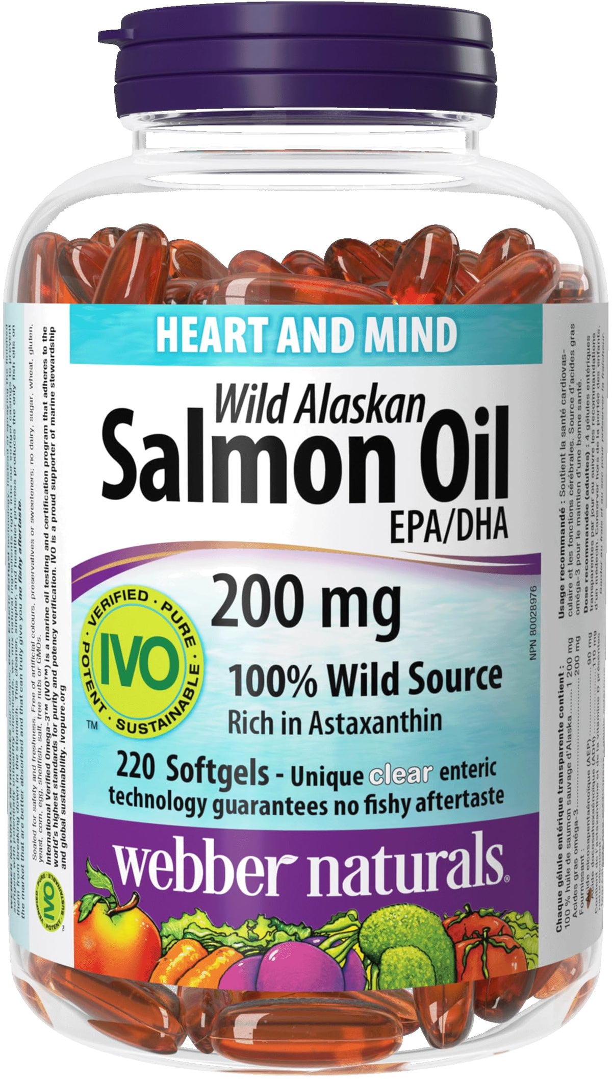 Webber Naturals Wild Alaskan Salmon Oil 200 mg, 220 Clear Enteric No Fishy Aftertaste Softgels, Supports Heart and Brain Health