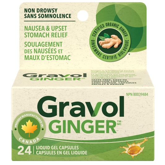 Gravol Ginger - Nausea and Upset Stomach Relief with Organic Ginger Extract - Made in Canada - Non-Drowsy,Taste-Free and Easy to Swallow - 24 Liquid Gel Capsules (Pack of 1)