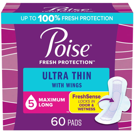 Poise Ultra Thin Incontinence Pads with Wings & Postpartum Incontinence Pads, 5 Drop Maximum Absorbency (5-Drop), Long Length, 60 Count (3 x 20ct)