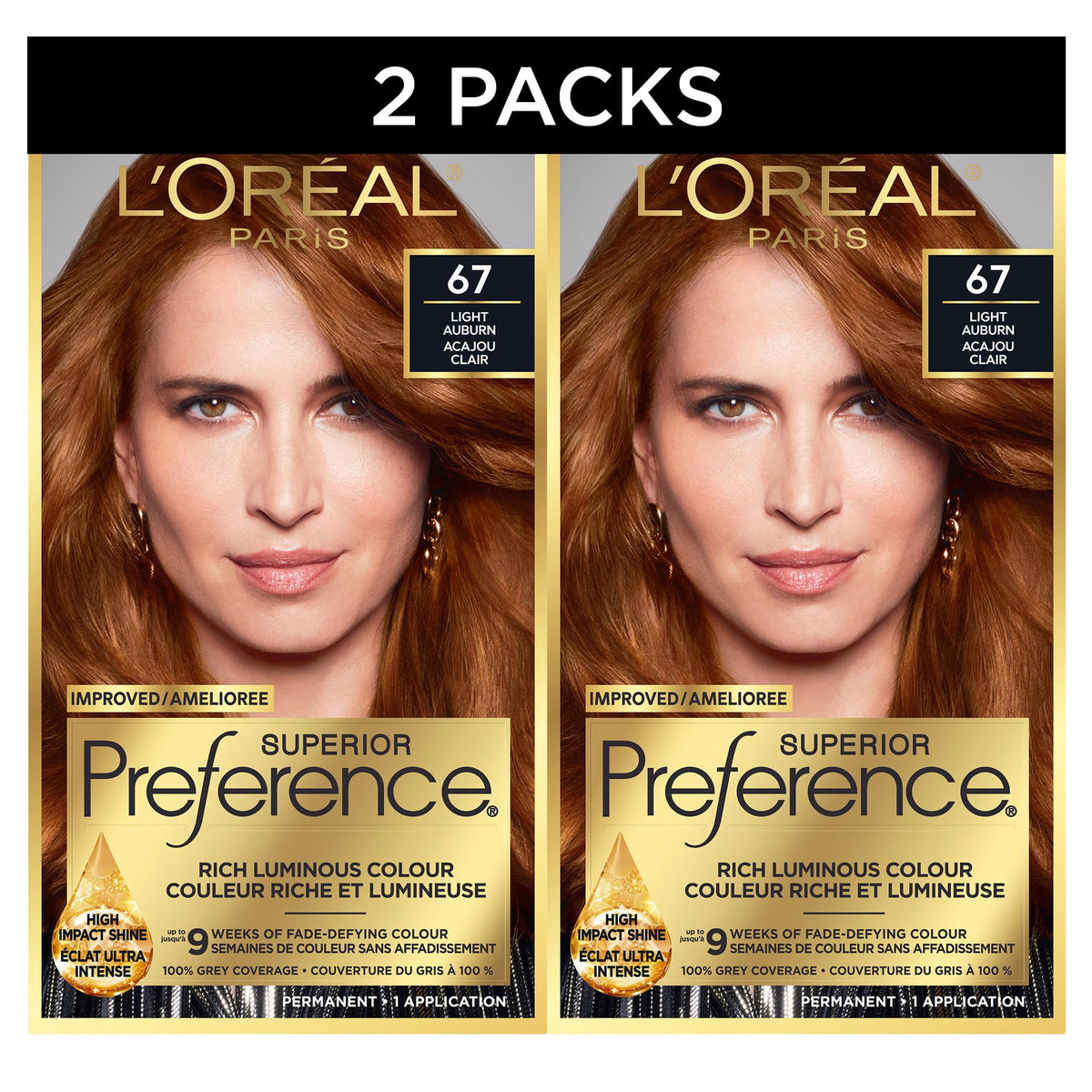 L'Oreal Paris Superior Preference Hair Dye, Hair Color for Women, 67 Light Auburn, 100% Grey Coverage, 9 weeks of Luminous Fade-Defying, 1 Kit (Pack of 2) (Packaging May Vary)