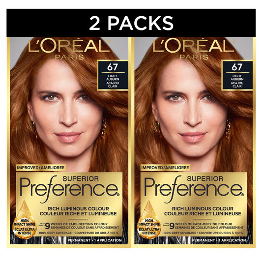 L'Oreal Paris Superior Preference Hair Dye, Hair Color for Women, 67 Light Auburn, 100% Grey Coverage, 9 weeks of Luminous Fade-Defying, 1 Kit (Pack of 2) (Packaging May Vary)