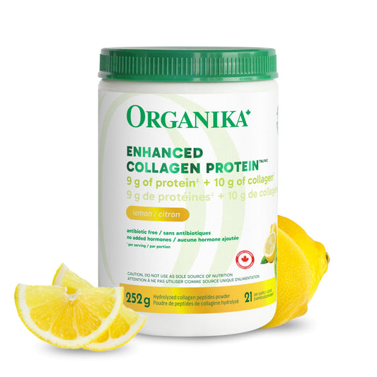Organika Canadian-Made Enhanced Collagen Protein Powder- Lemon - For Healthy Hair, Skin, Nails, Joints - Hydrolyzed For Better Absorption – Grass-Fed, Non-GMO - 252g