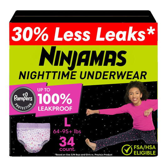 Pampers Ninjamas Nighttime Bedwetting Underwear Girls Size L (64-125 lbs) 34 Count (Packaging & Prints May Vary)