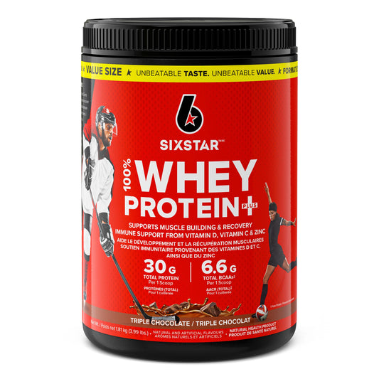 Six Star Whey Protein Powder Plus - Ultimate Muscle Building Formula with Whey Protein Isolate & Peptides - 30g of Protein & 6.6g of BCAA - Rich Triple Chocolate Flavor, 37 Servings (Pack of 1)