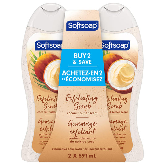 Softsoap Exfoliating Body Wash Scrub with Coconut Butter & Jojoba, 591 mL (2 Pack) – Hydrating, Moisturizing, Gentle Exfoliation for Soft, Smooth Skin – Dermatologist Tested, Biodegradable Ingredients Natural Body Wash