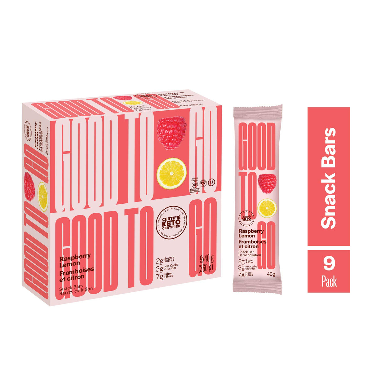 GOODTO GO Raspberry Lemon Soft Baked Bars, Net Weight/Bar 1.41 oz. Caddies. Each caddy carries 9 snack bars; this Delicious Snacks Contain Organic Ingredients, Keto Certified Non-GMO Project Verified, Gluten Free Ingredients, Peanut Free, Vegan, Kosher