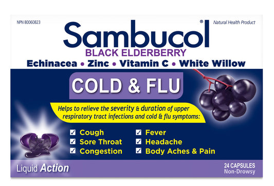 Sambucol Black Elderberry – Cold & Flu Relief | Echinacea, Zinc, Vitamin C & White Willow | Helps Relieve Congestion, Sore Throat, Coughs & Fatigue | Natural Health Product, For Adults | 24 Capsules
