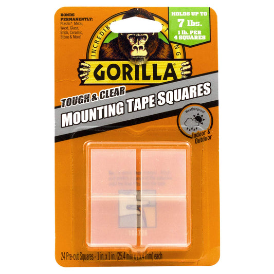 Gorilla Tough & Clear Double Sided Mounting Tape Squares, Hanging, Repairing, Weatherproof, Instant Hold, 24-1in Pre-Cut Squares, Clear, (Pack of 1)