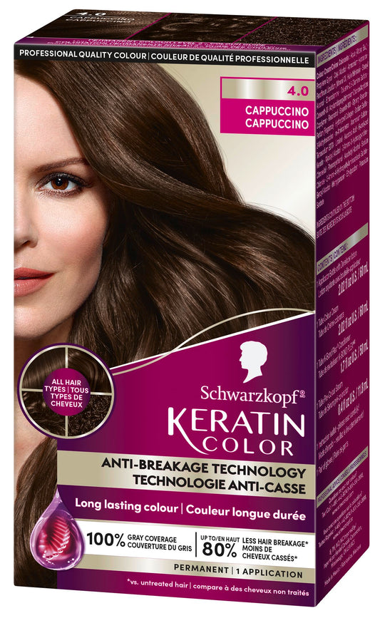Schwarzkopf Keratin Color Permanent Hair Color, 4.0 Cappuccino, 1 Application - Salon Inspired Permanent Hair Dye, for up to 80% Less Breakage vs Untreated Hair and up to 100% Gray Coverage