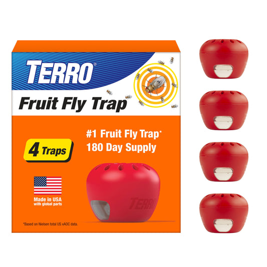 TERRO Fruit Fly Trap 4-Pack with 180 Day Lure Supply - Indoor Fly Traps for Home, Kitchen Counters, and Trash Cans - Apple-Shaped Bug Catcher with Ready to Use Pest Control, T2503SR