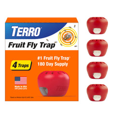 TERRO Fruit Fly Trap 4-Pack with 180 Day Lure Supply - Indoor Fly Traps for Home, Kitchen Counters, and Trash Cans - Apple-Shaped Bug Catcher with Ready to Use Pest Control, T2503SR