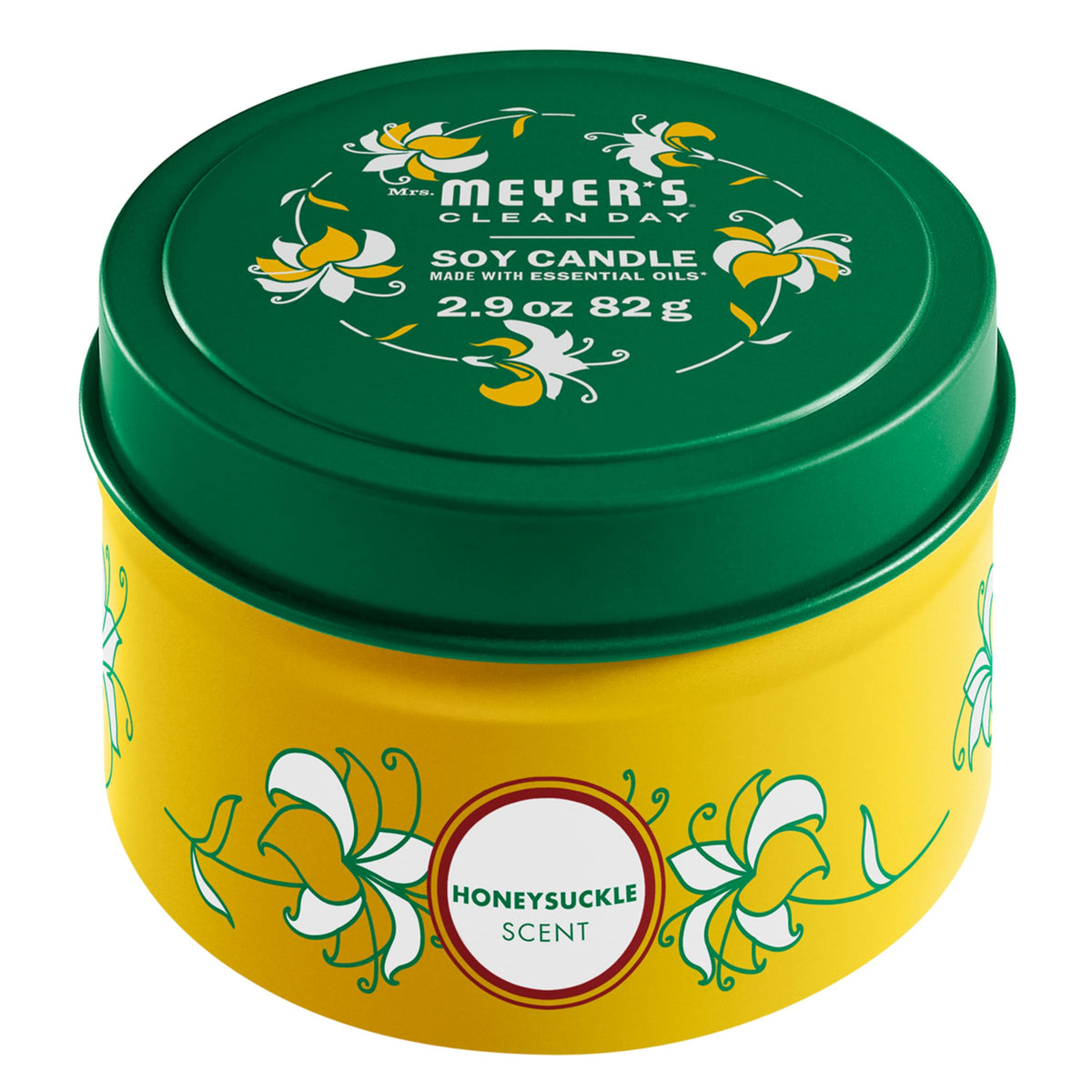 MRS. MEYER'S Clean Day Soy Tin Candle, 12 Hour Burn Time, Made with Soy Wax and Essential Oils, Honeysuckle, 2.9 oz