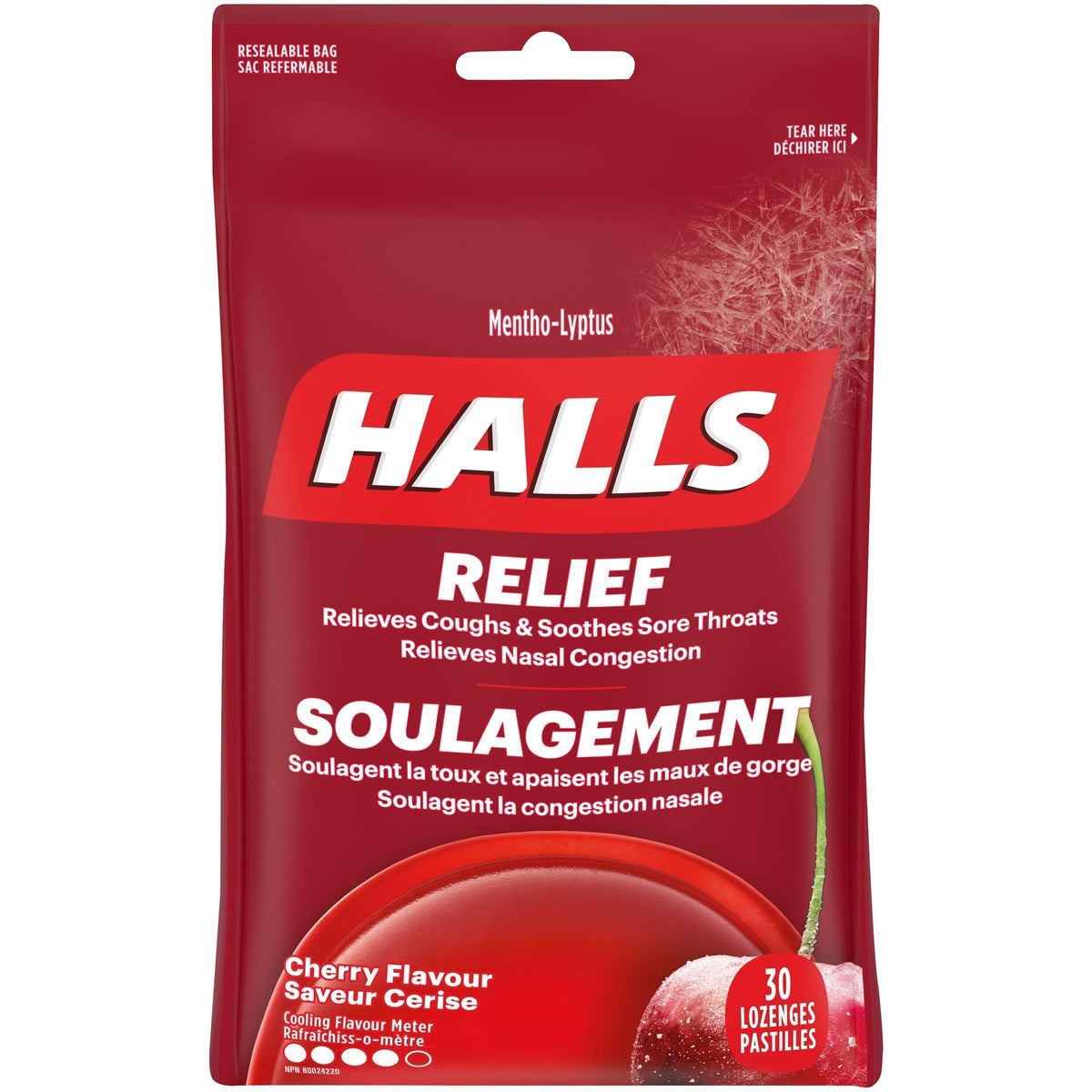 HALLS Cherry Flavour Cough Drops, Throat Lozenges, Sore Throat Relief, Mentho-Lyptus, 30 Lozenges, Prepared in Canada