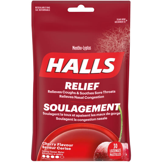 HALLS Cherry Flavour Cough Drops, Throat Lozenges, Sore Throat Relief, Mentho-Lyptus, 30 Lozenges, Prepared in Canada