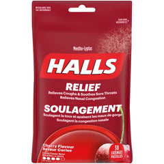 HALLS Cherry Flavour Cough Drops, Throat Lozenges, Sore Throat Relief, Mentho-Lyptus, 30 Lozenges, Prepared in Canada