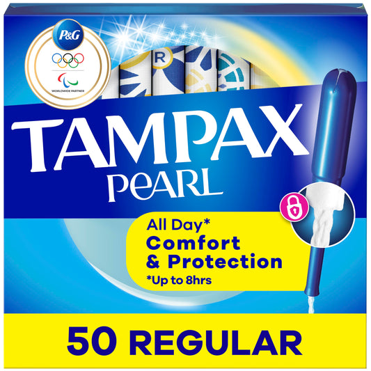 Tampax Pearl Tampons, with LeakGuard Braid, Regular Absorbency, Up to 100% Leak and Odor Free Protection, Unscented, 50 Count